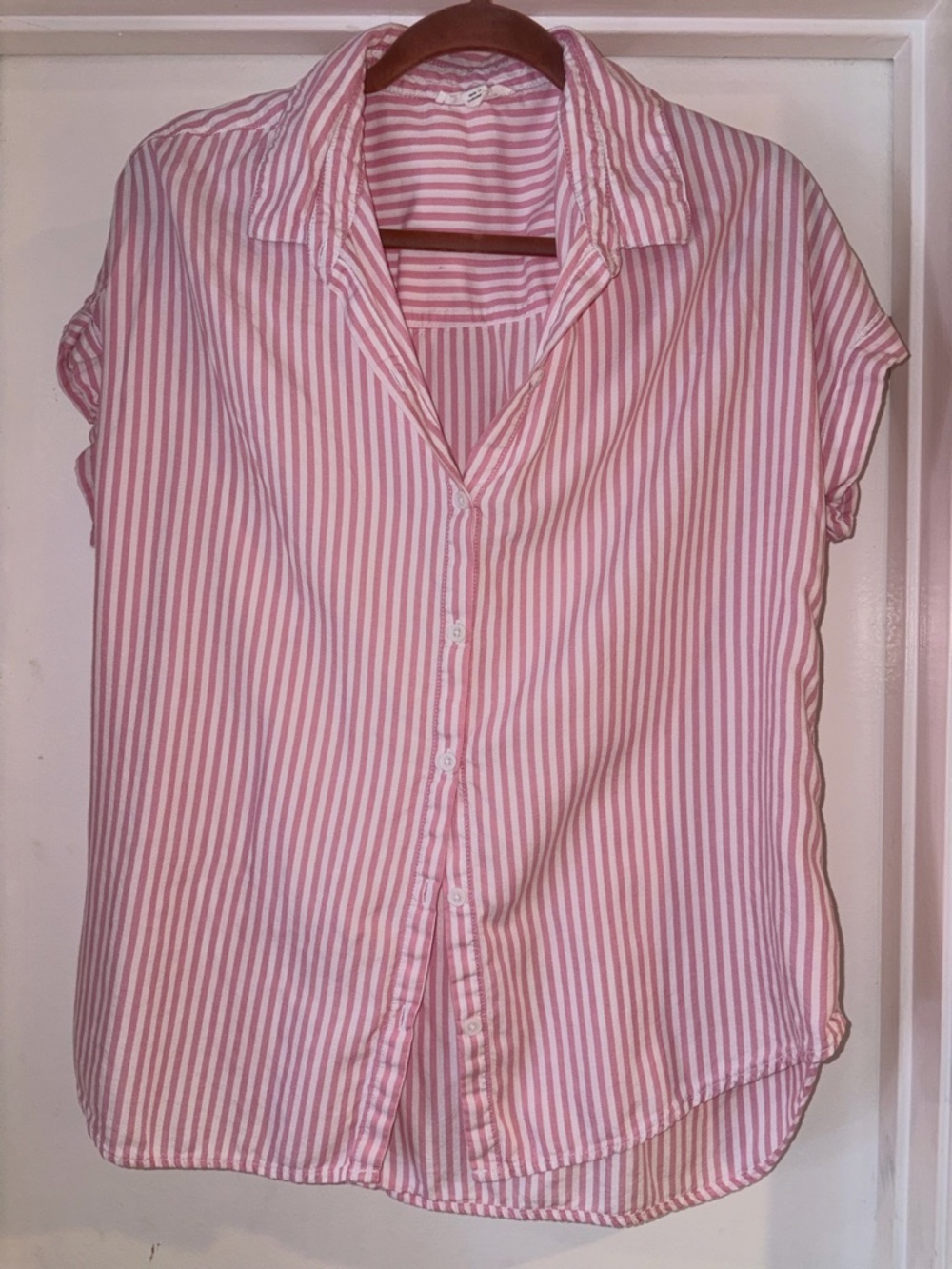 beachlunchlounge Pink and White Striped Button-Up Top
